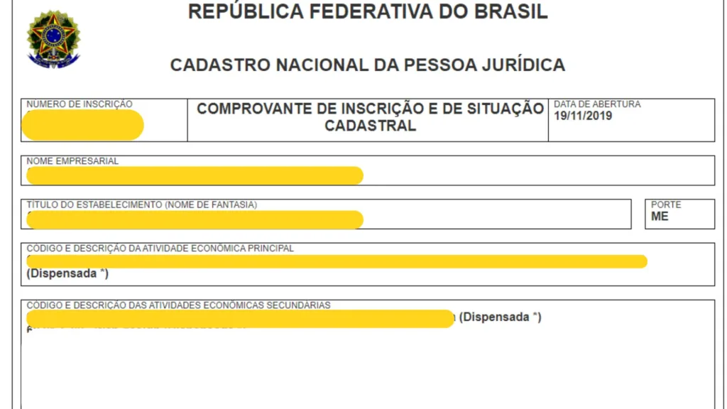 PORQUE NO CARTÃO CNPJ TEM Dispensada * NA FRENTE DOS CNAE